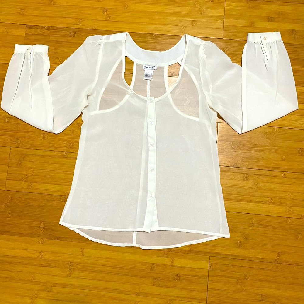 Sheer White Long-sleeve Button Down with Cutouts